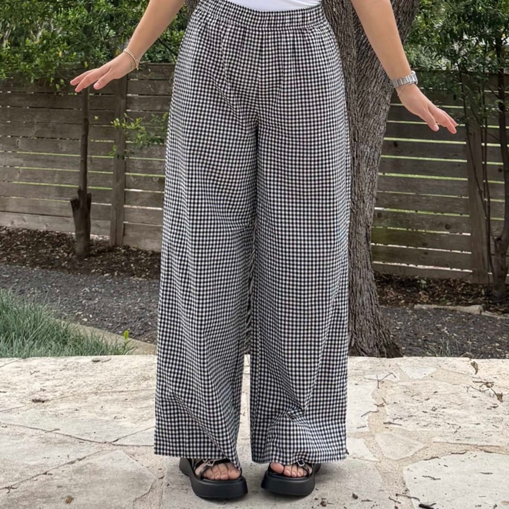 Wide Leg Gingham Pants - Black/White